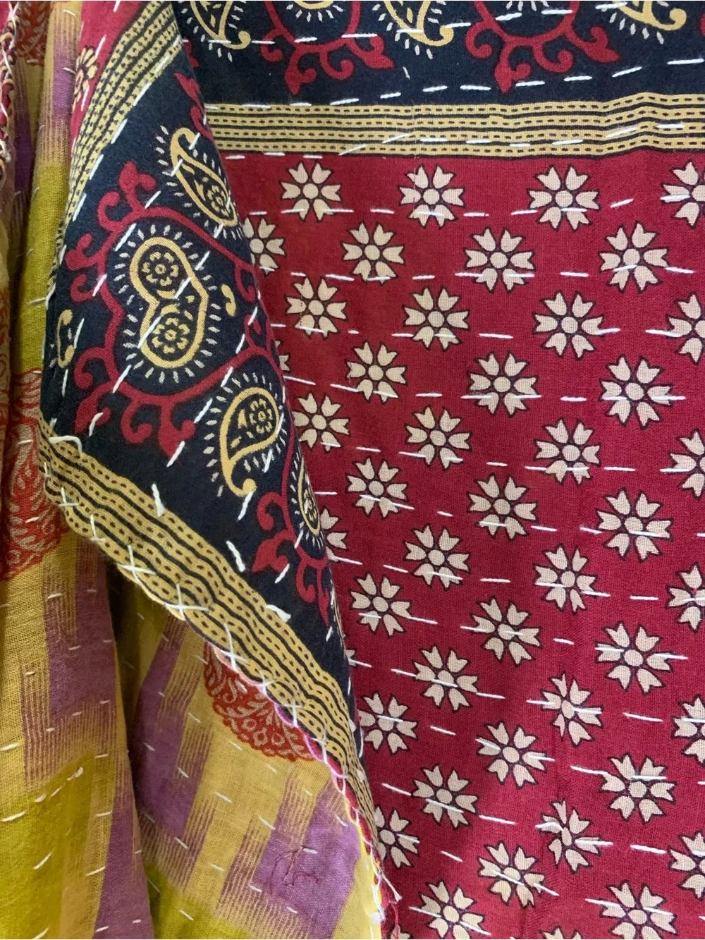 Handmade Kantha Quilt Twin Size Recycled Sari Cotton Maroon Chartreuse Purple